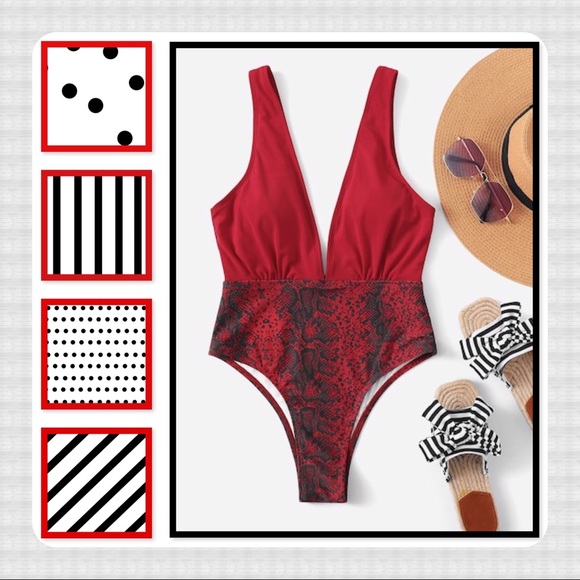 Swimsuit Red & Black Front & Back Plunge Monokini Size M NWT - Picture 1 of 5